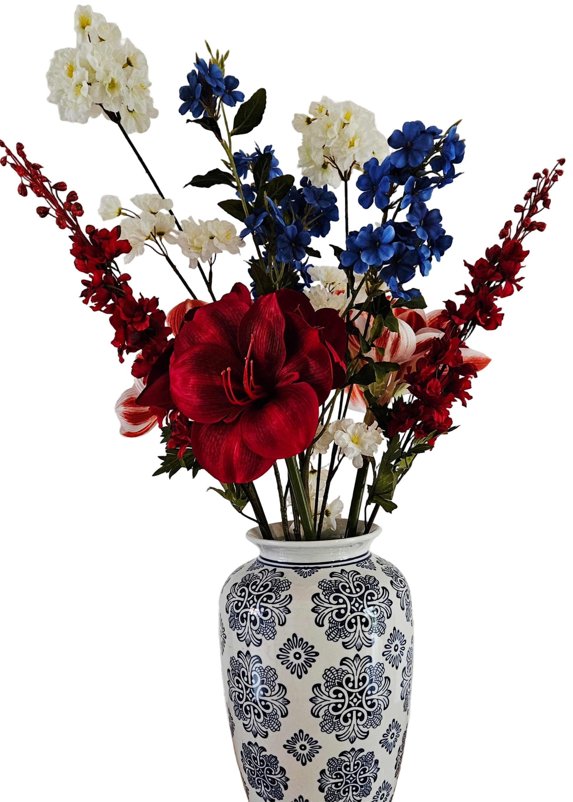 Boeket rood wit en blauwe zijden bloemen