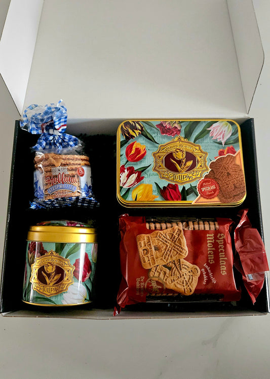 Cadeaudoos hollandse lekkernijen met turquoise tulpendesign