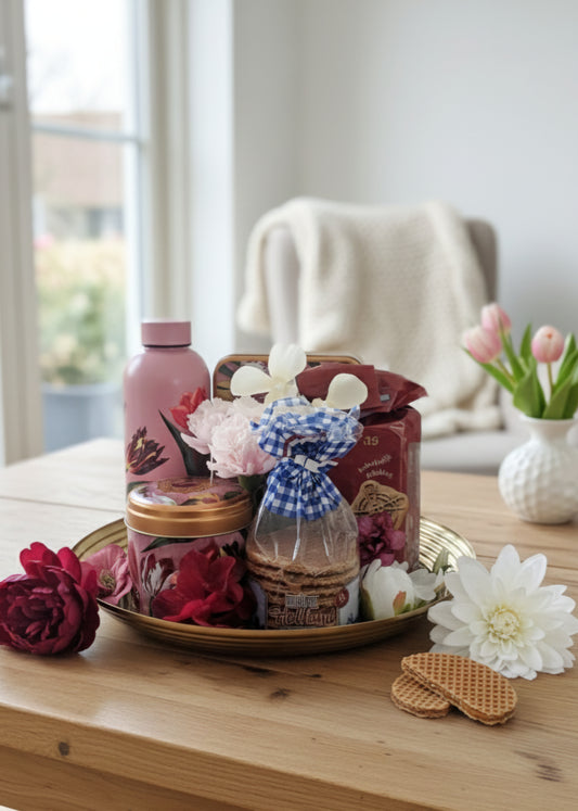 Cadeauset roze tulpen met hollandse lekkernijen